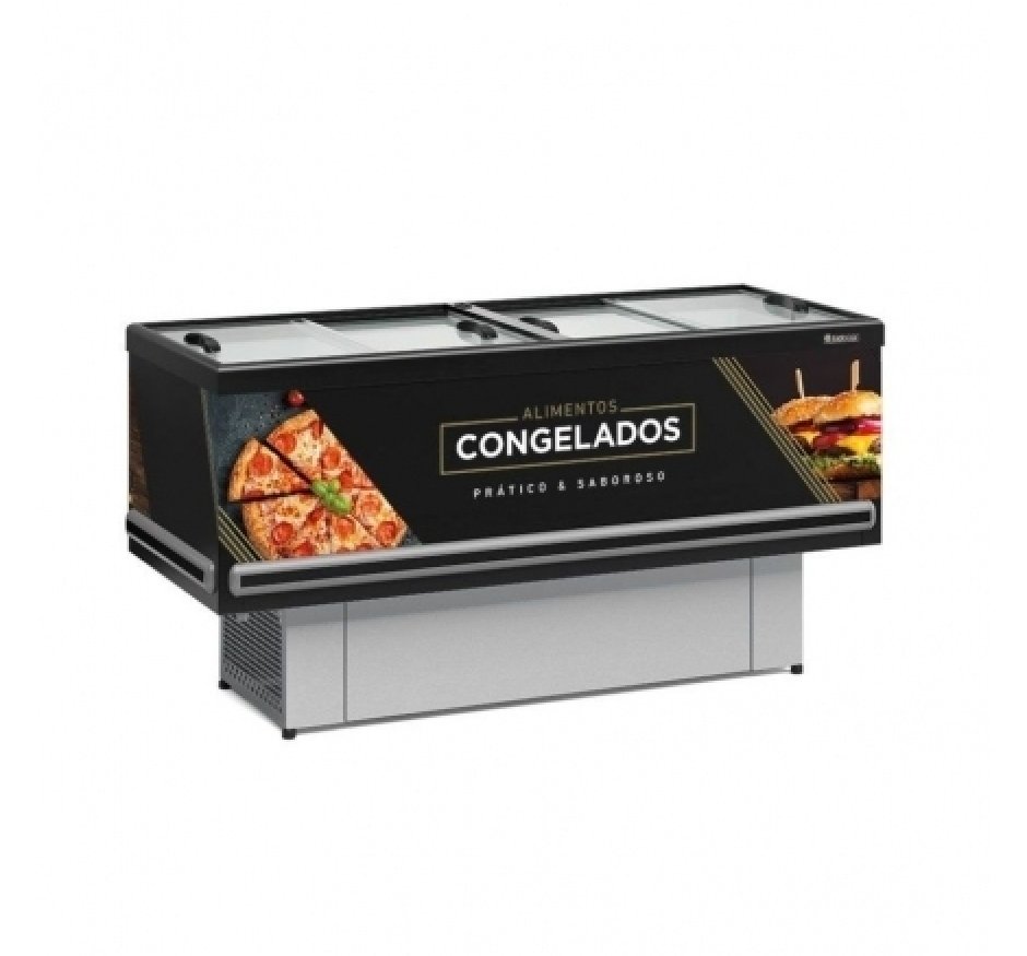 Ilha Expositora para Congelados Gelopar 1,90m Vidro Reto Preta Dupla Ação Standard GESV 190R PR 127v