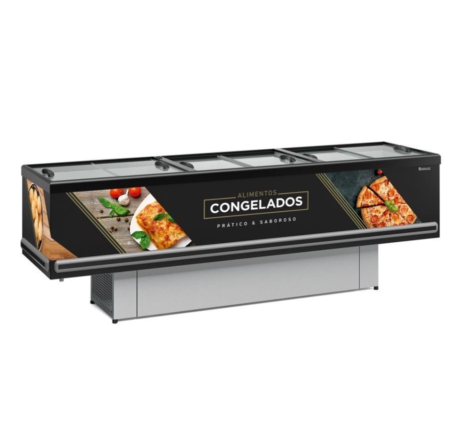 Ilha Expositora para Congelados Gelopar 2,90m Vidro Reto Preta Dupla Ação Standard GESV 290R PR 220v