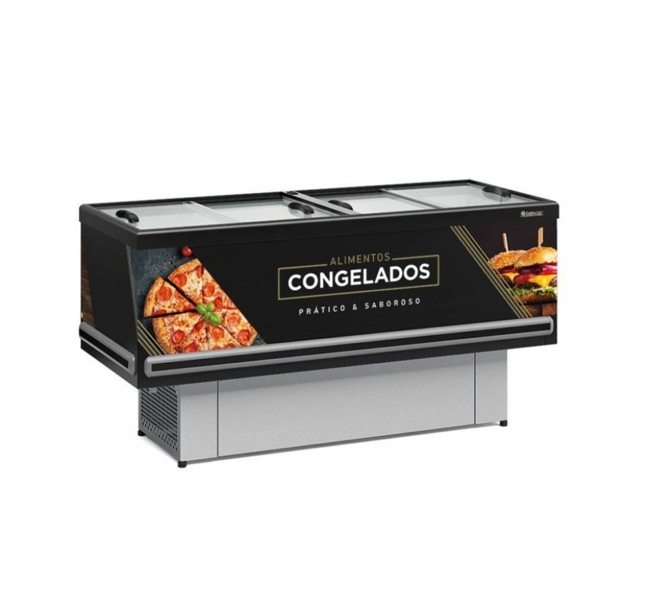 Ilha Expositora para Congelados Gelopar 1,90m Vidro Reto Preta Dupla Ação Standard GESV 190R PR 220v