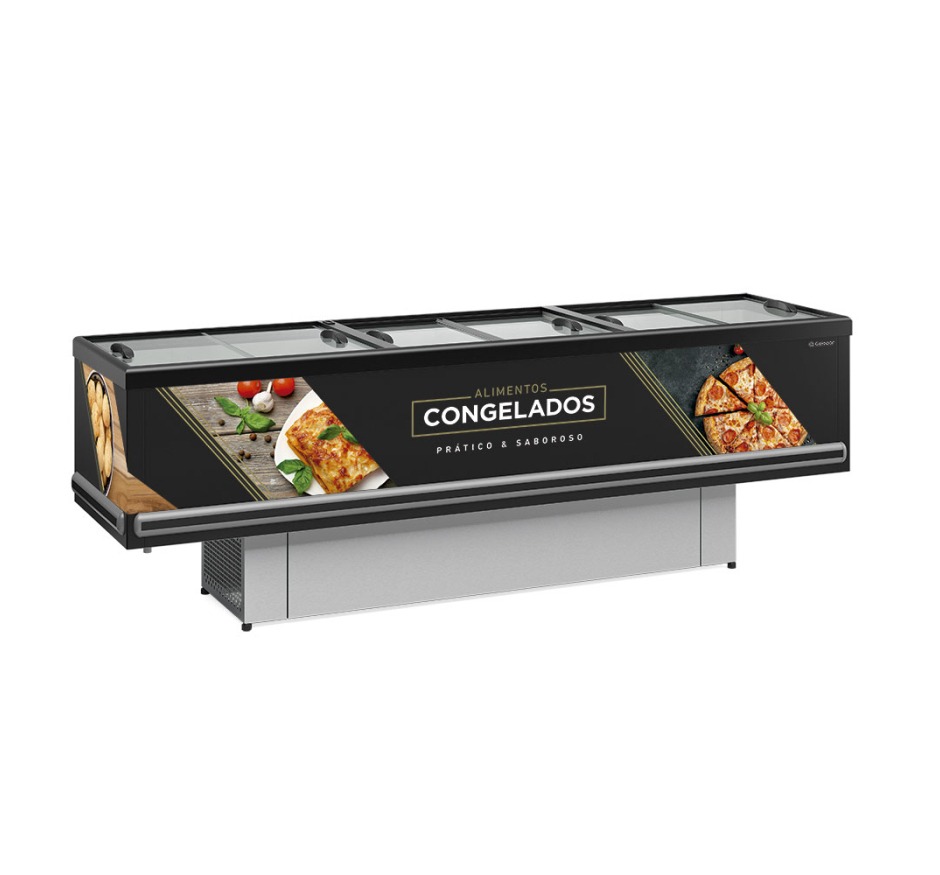Ilha Expositora para Congelados Gelopar 2,90m Vidro Reto Preta Dupla Ação Standard GESV 290R PR 127v