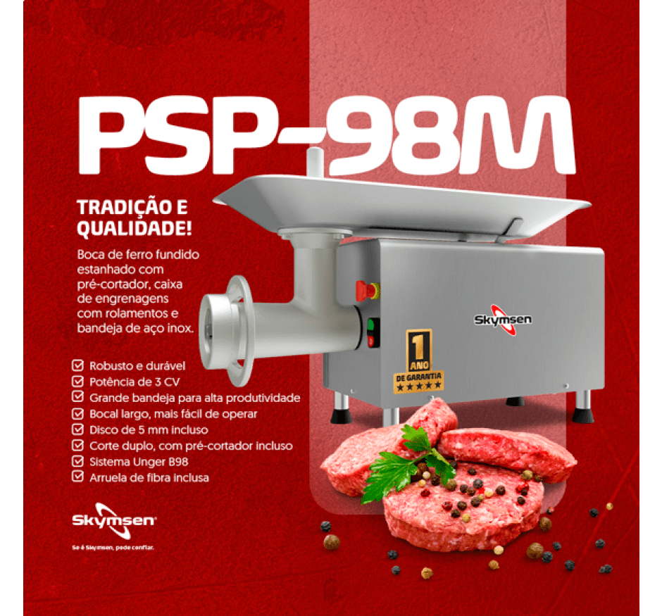 Picador Moedor de Carne Boca 98 Skymsen 3HP Com Pré-Cortador PSP98 M 220v