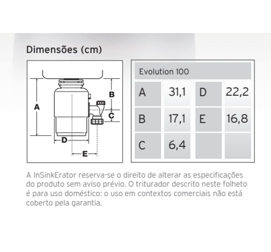 Triturador de Resíduos Alimentares Insinkerator EVO100 0,70HP 220V